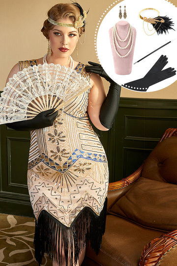 Aprikos Paljetter Fransar 1920-Tals Plus Size Gatsby Flapper Klänning med 20-Talets Tillbehör Set